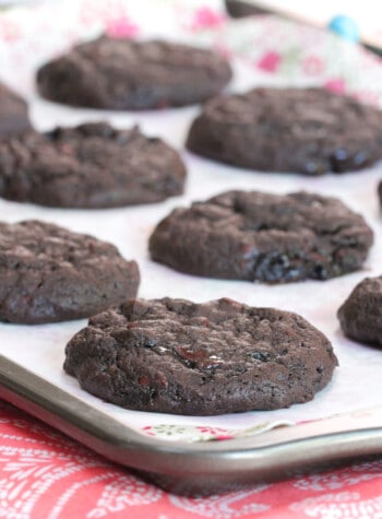 chocolate mint cookies on baking sheet