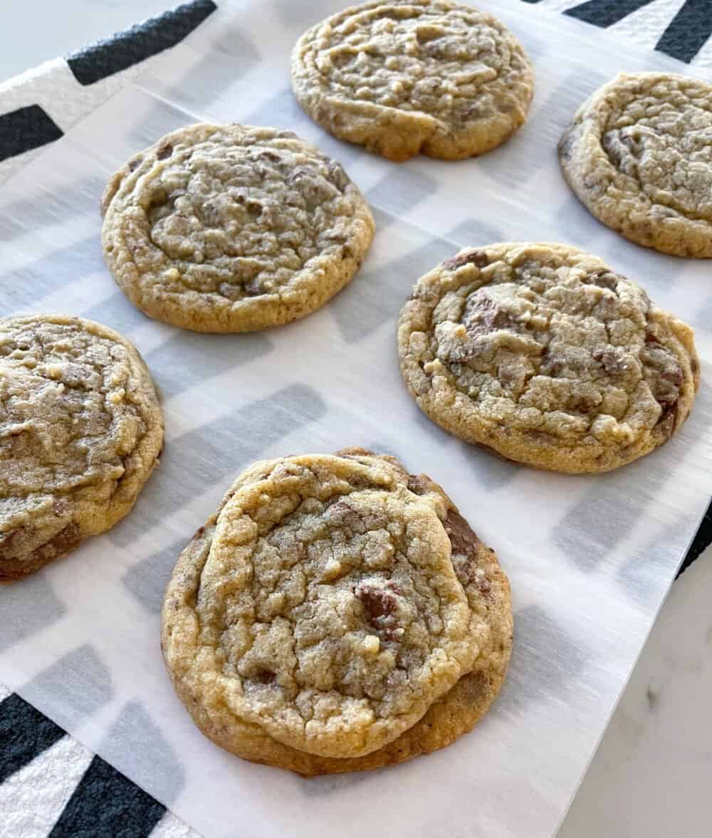 chewy chocolate chip cookies on baking sheet