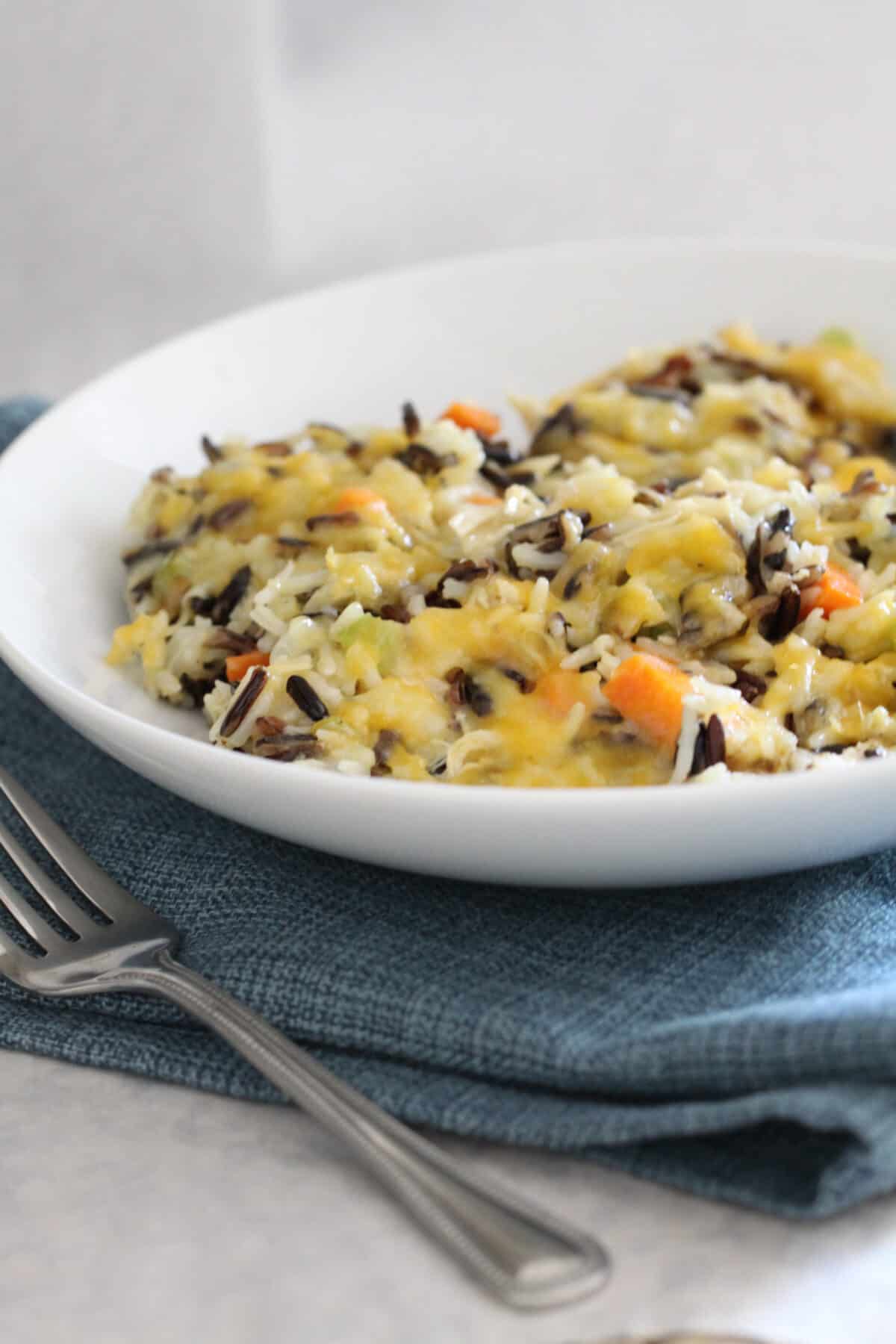 chicken and rice casserole in serving bowl
