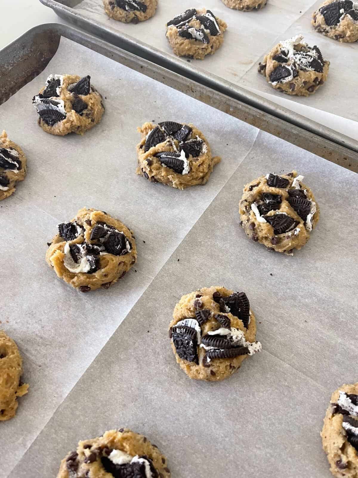 oreo cookie dough on baking sheet