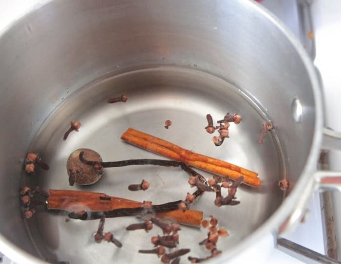 cinnamon, cloves, vanilla and nutmeg added to pot of water