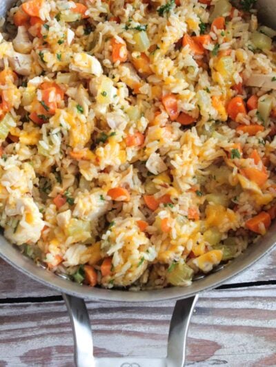 cheesy chicken and rice in serving pan