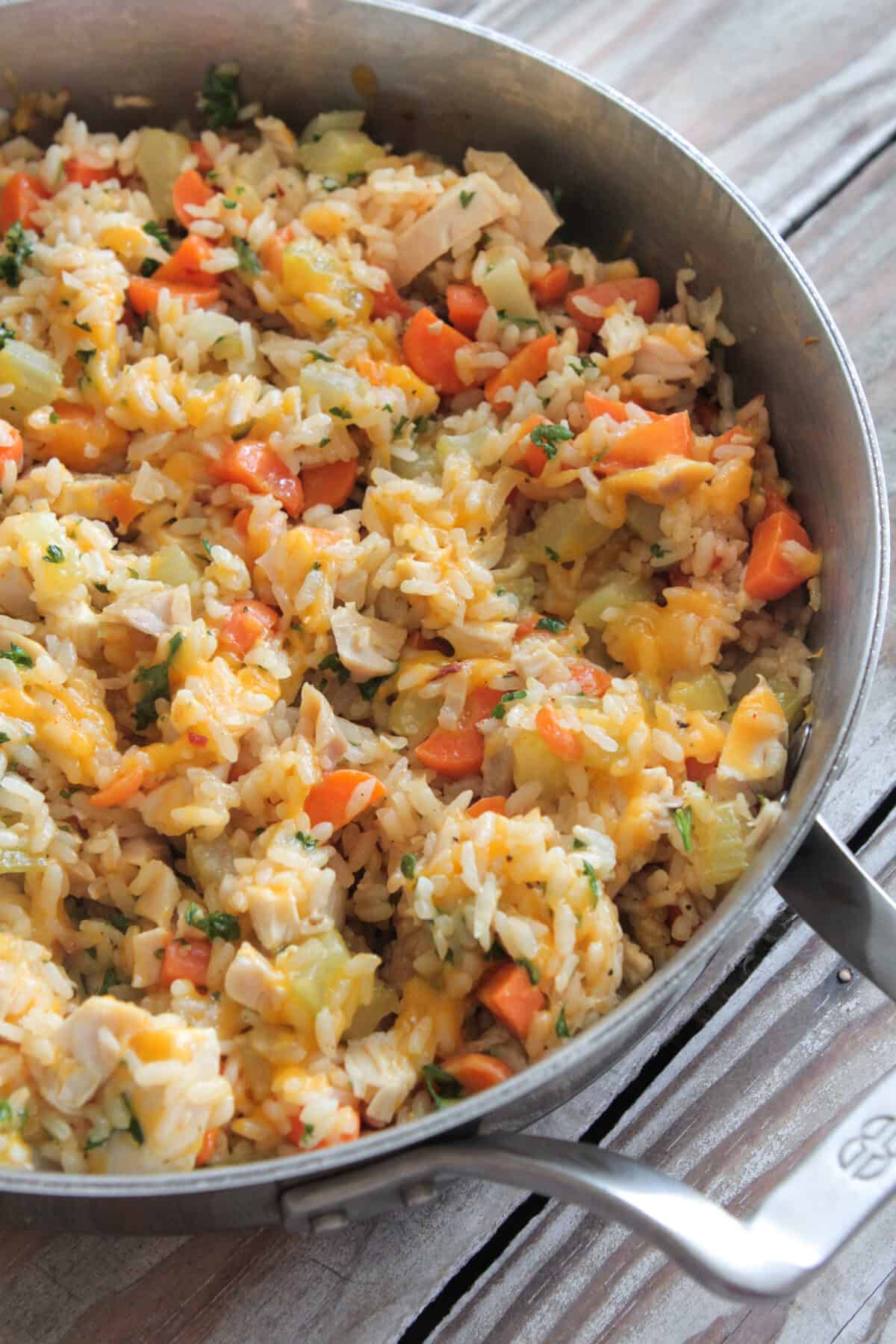 cheesy chicken and rice in serving pan