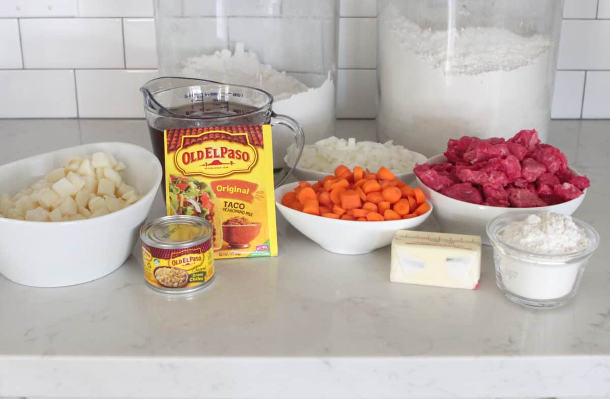 beef stew ingredients on counter