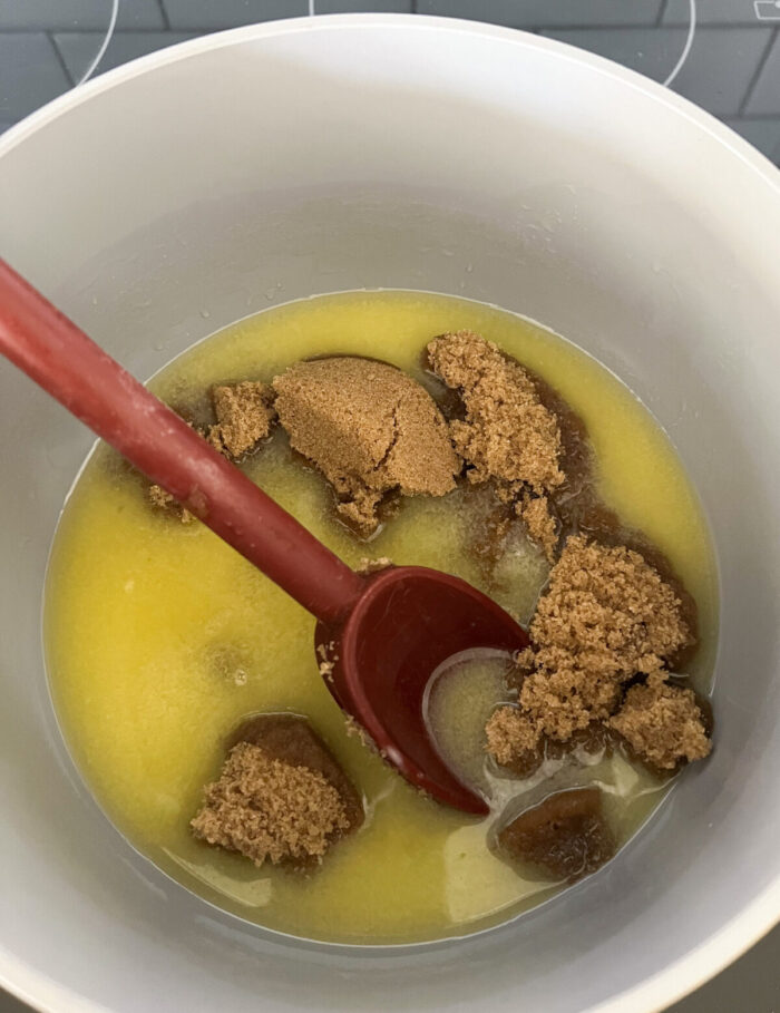 melted butter and brown sugar in saucepan