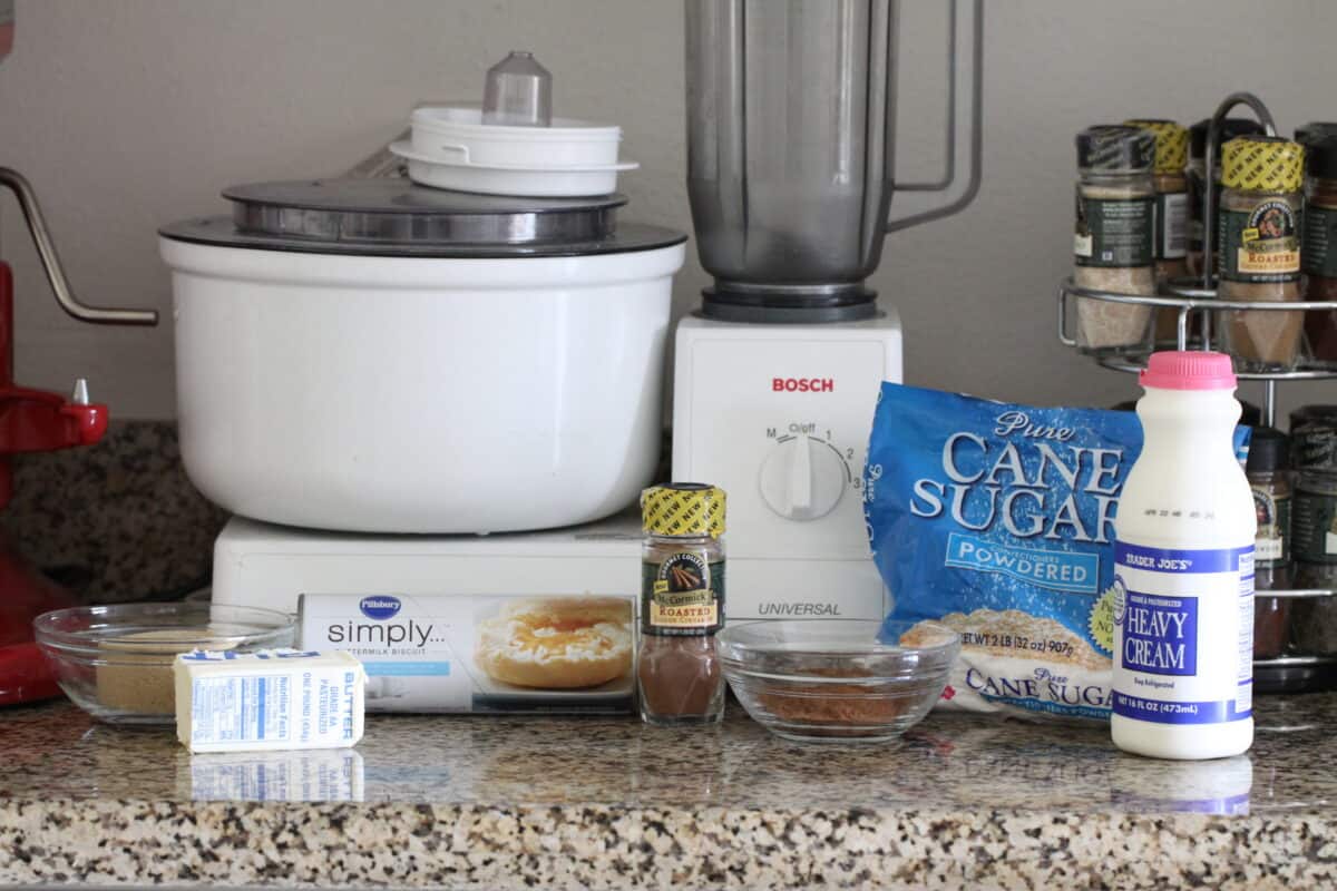 easy cinnamon roll recipe ingredients on counter