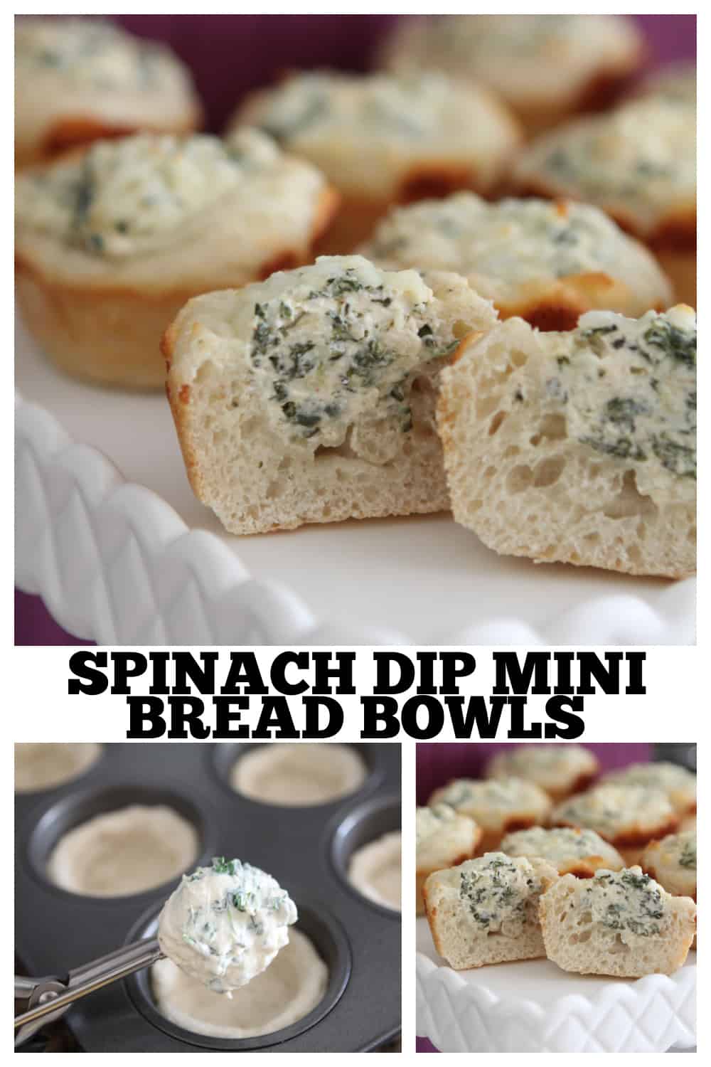 photo collage of spinach dip bread bowls