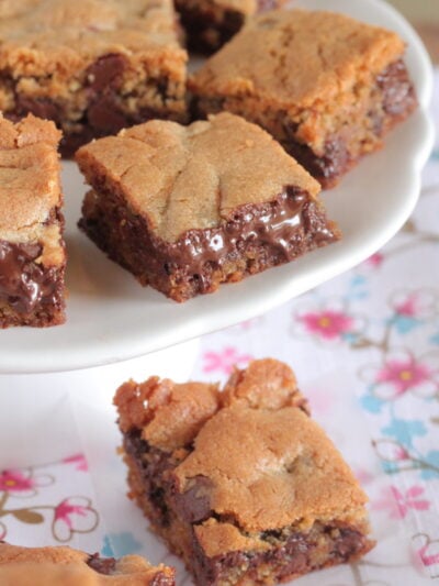 chocolate chip cookie bars on cake stand