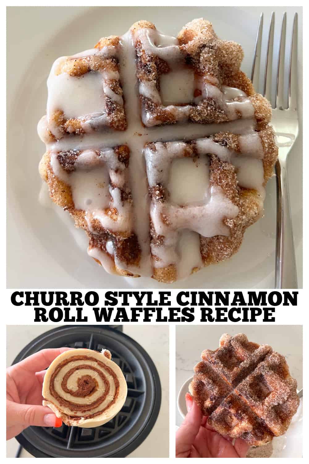 photo collage of cinnamon roll waffles