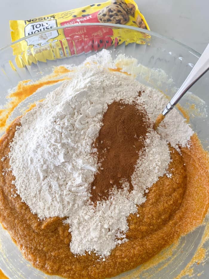 dry ingredients added to mixing bowl for pumpkin bread