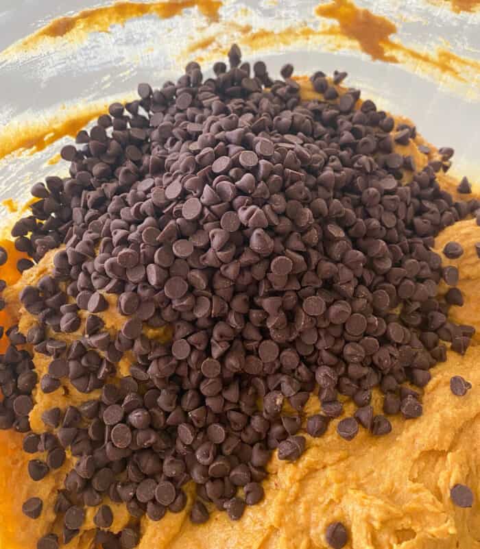 chocolate chips added to mixing bowl for pumpkin bread
