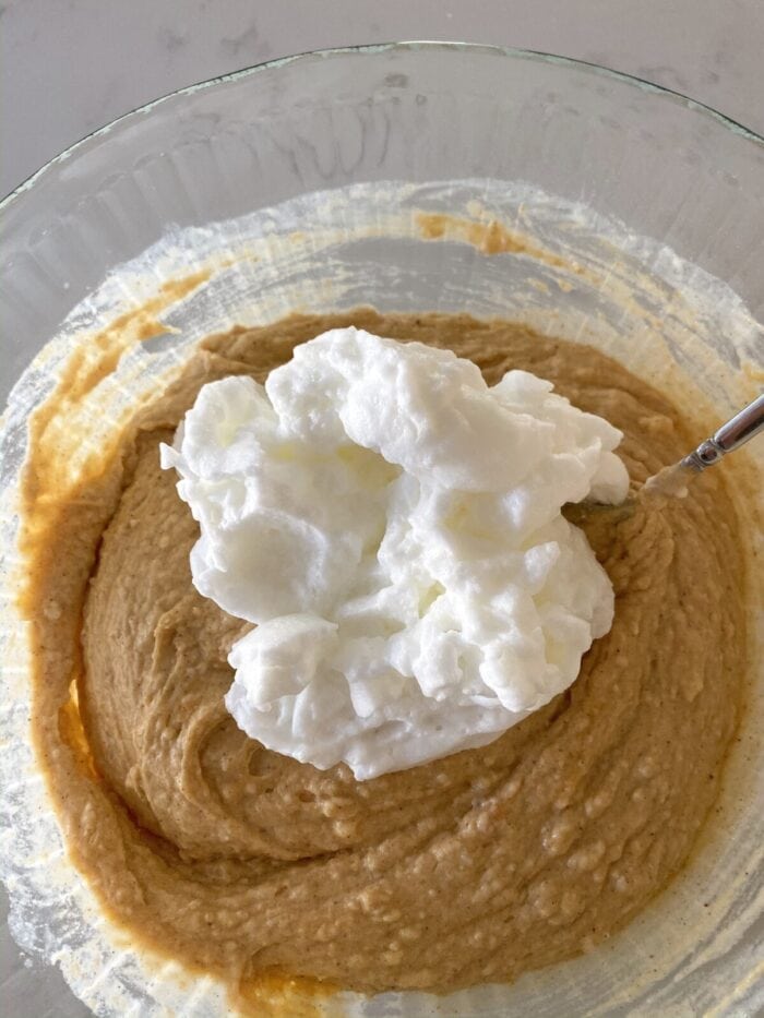 egg whites added to mixing bowl of pumpkin waffles