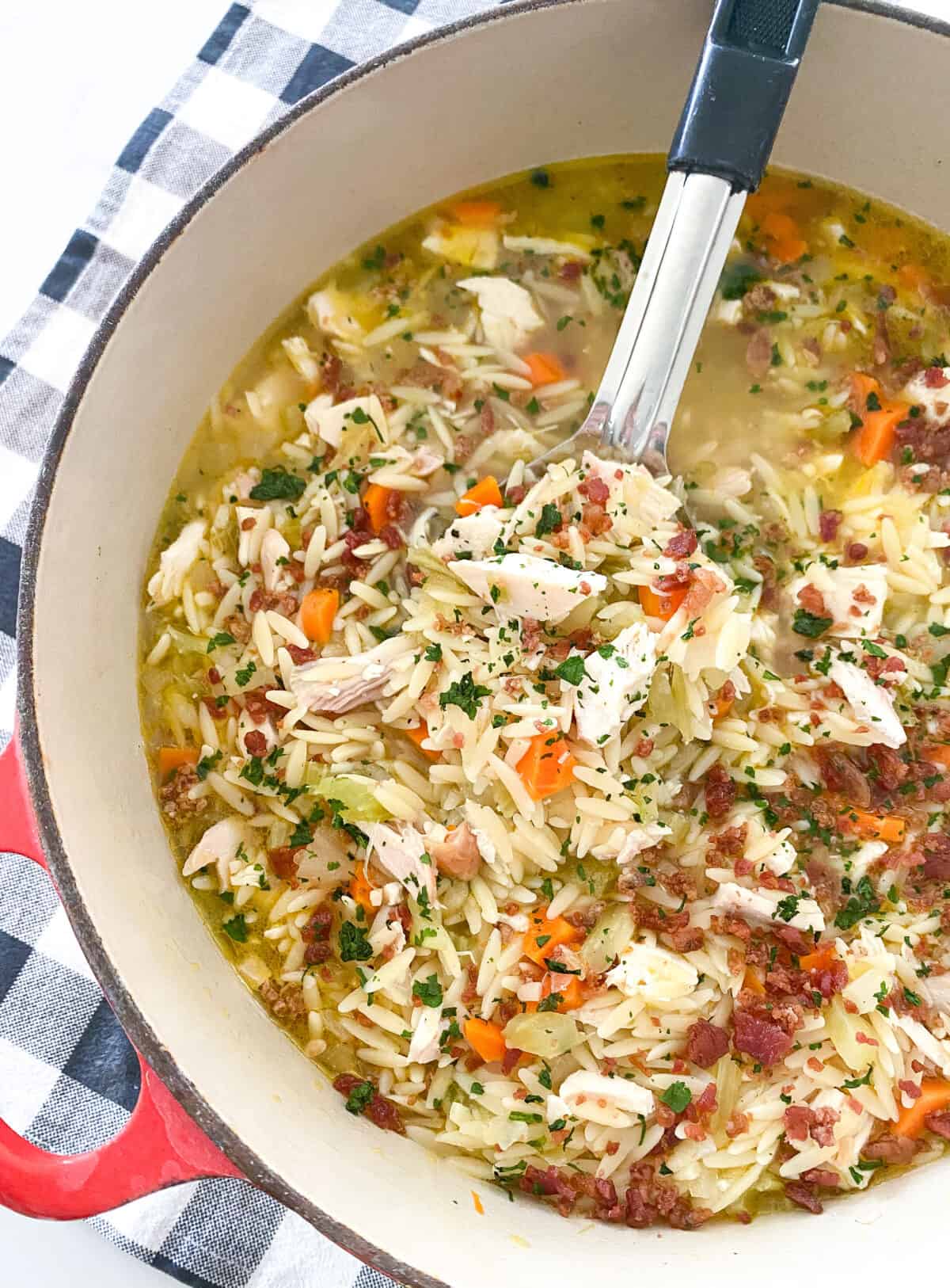 chicken orzo soup in soup pot