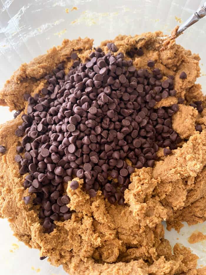 chocolate chips added to mixing bowl