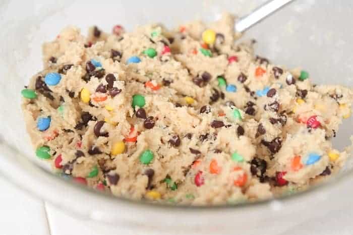 m&m cookie dough in mixing bowl