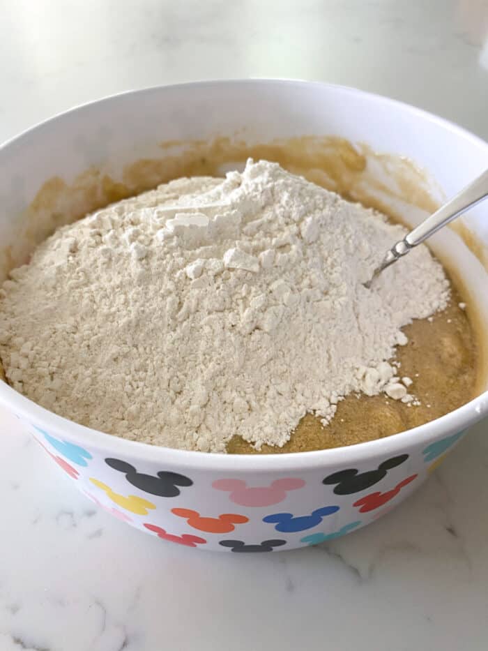 flour added to mixing bowl for banana bread