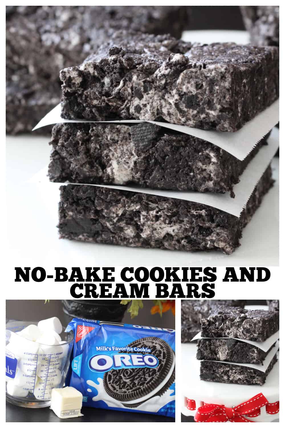 no bake cookies and cream bars collage