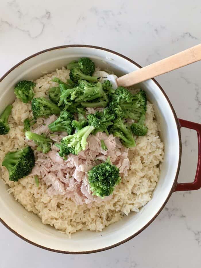 broccoli and chicken added to casserole