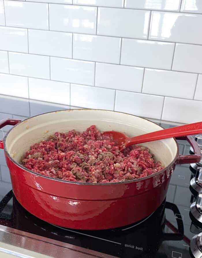 browning ground beef in large pan