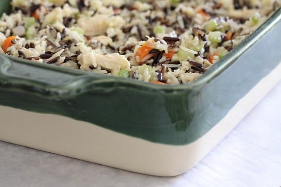 chicken and rice casserole in baking dish