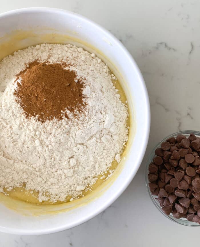 dry ingredients in mixing bowl for banana bread recipe