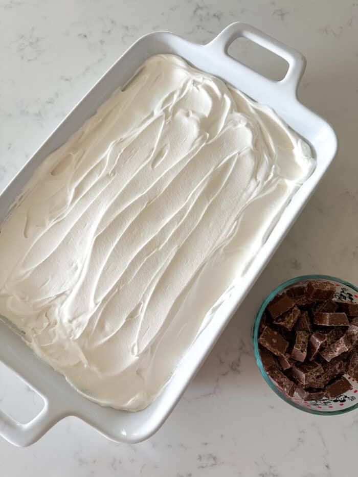 better than sex cake in serving pan frosted with whipped cream