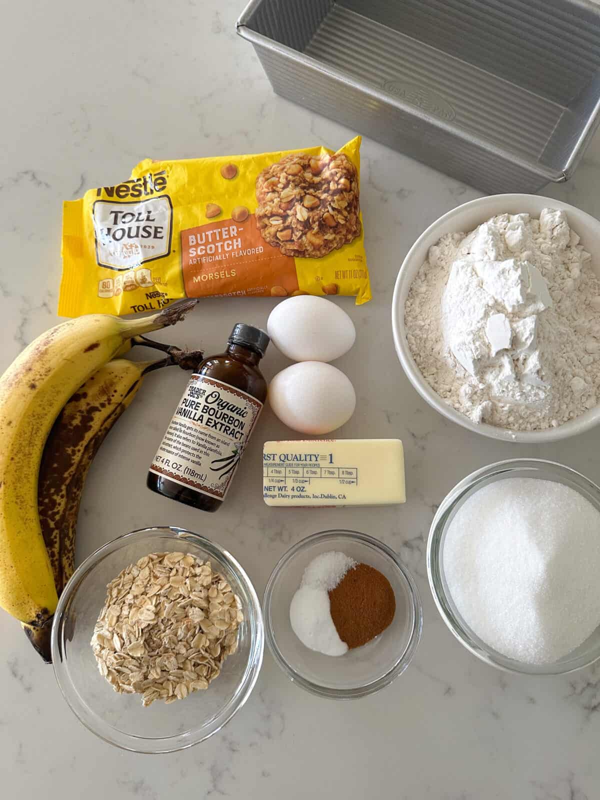 oatmeal banana bread recipe ingredients on counter