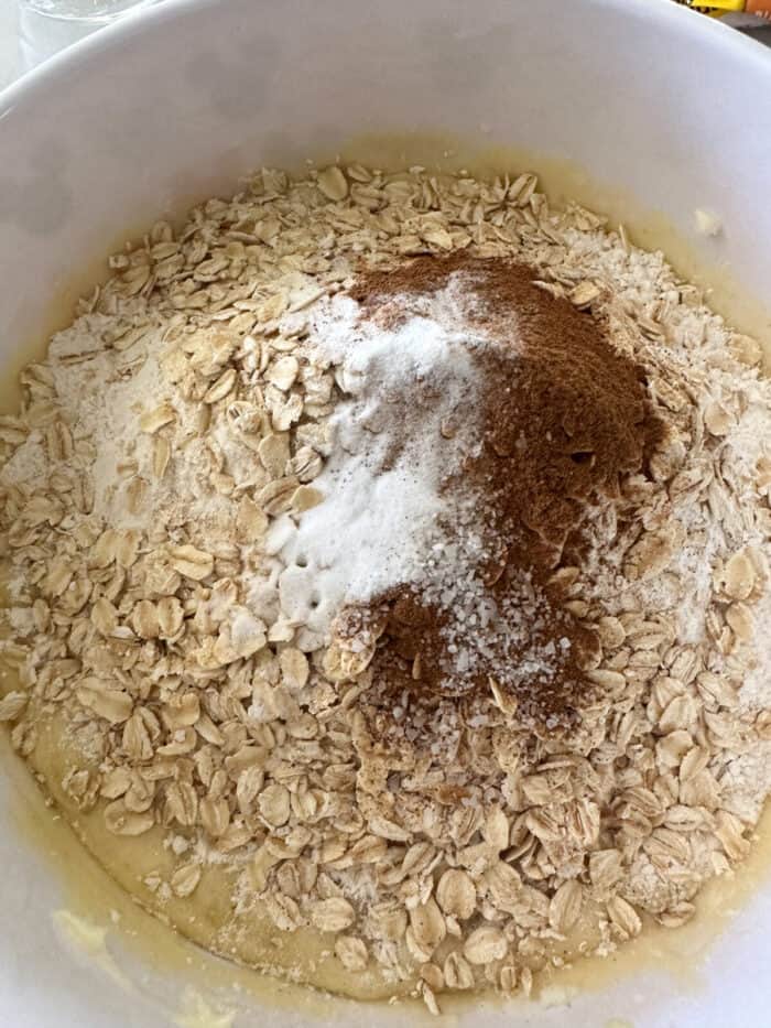 oatmeal banana bread batter in mixing bowl