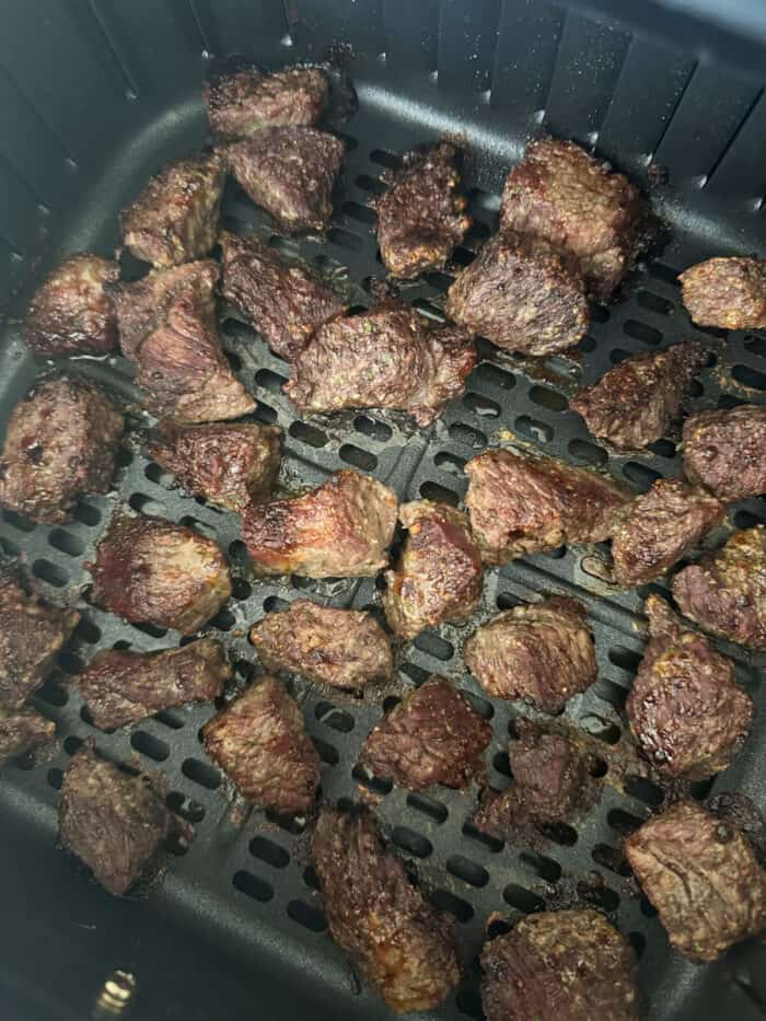 air fryer steak bites in air fryer basket