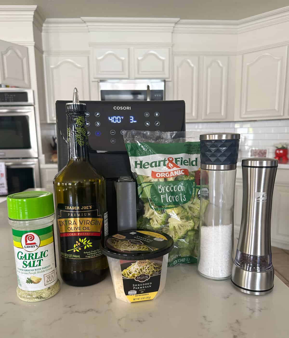 ingredients for air fryer broccoli on counter top