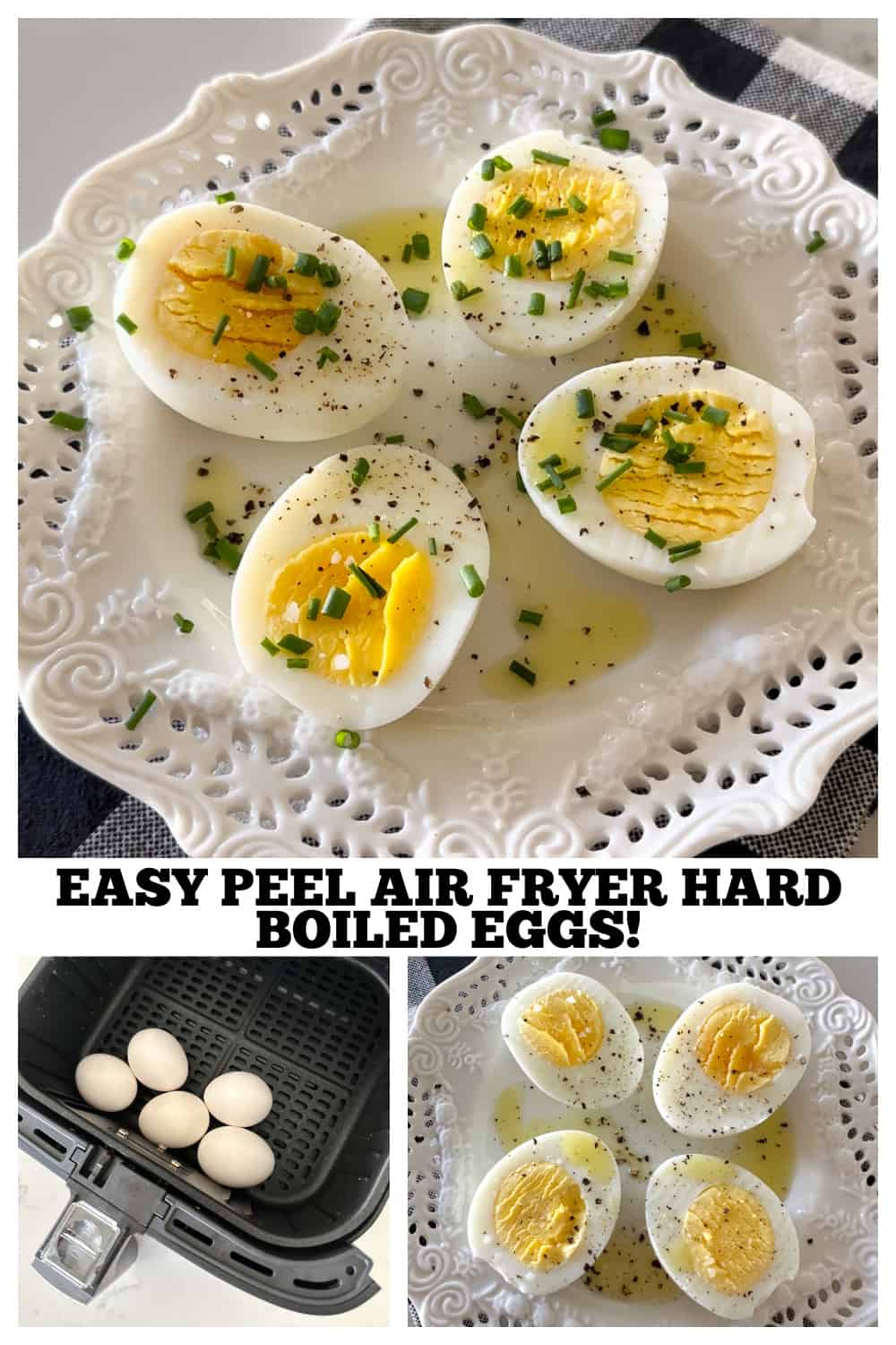 photo collage of air fryer hard boiled eggs