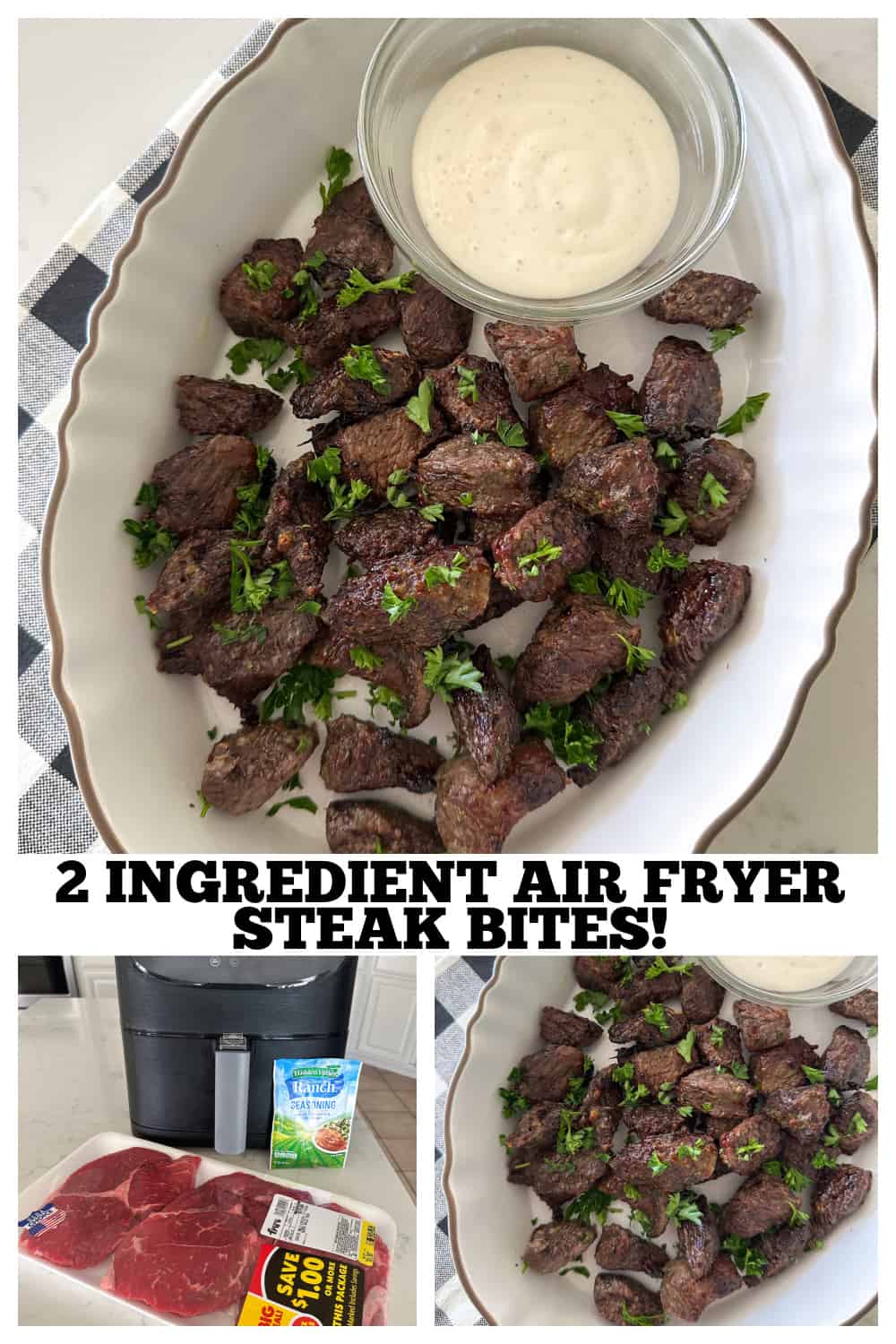 photo collage of air fryer steak bites