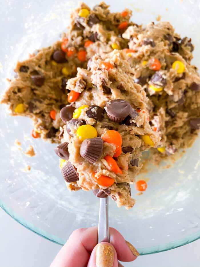 monster cookie dough in mixing bowl