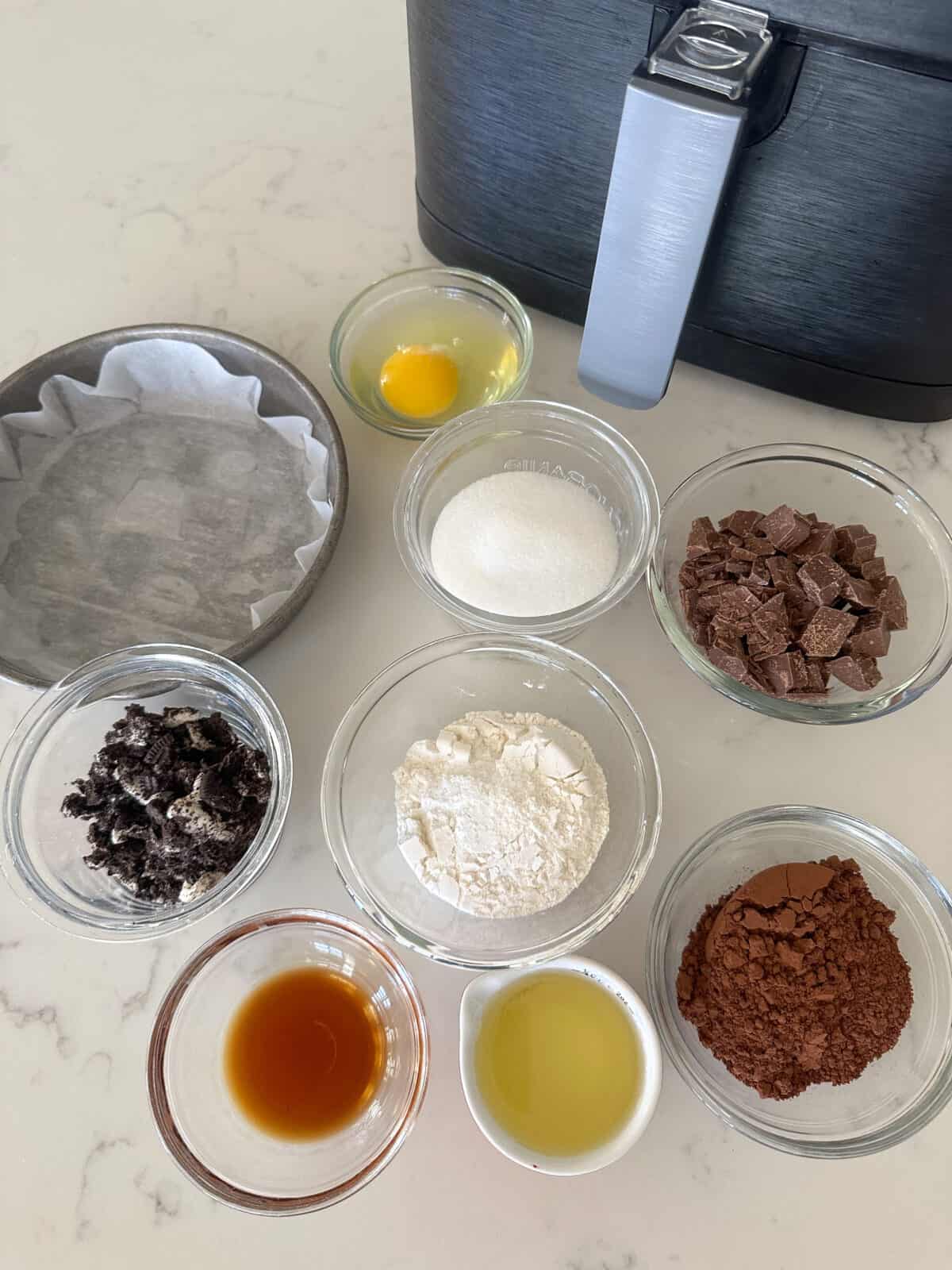 air fryer brownie ingredients on countertop