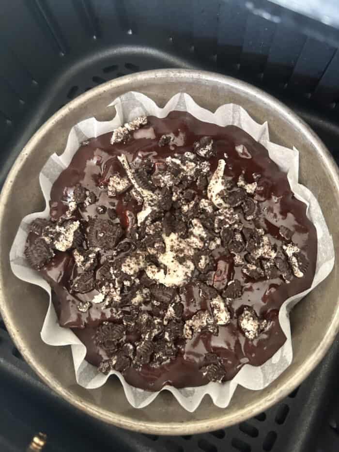 uncooked brownies in pan in air fryer