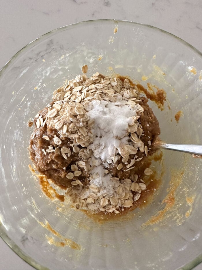 dry ingredients added to peanut butter cookie dough
