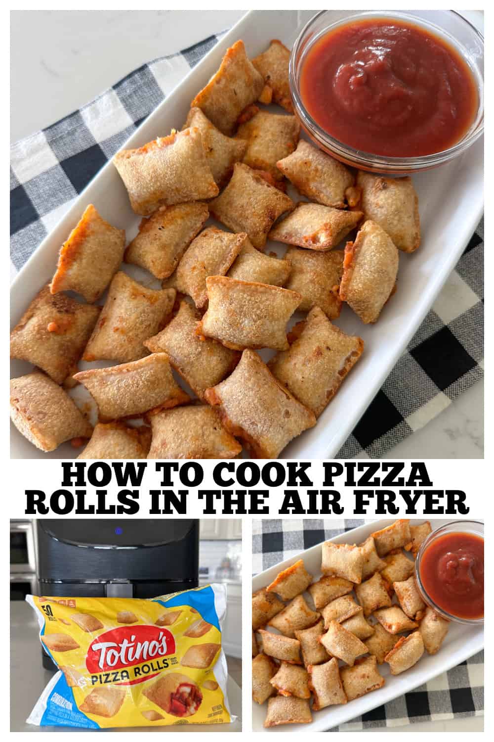 photo collage of pizza rolls in air fryer