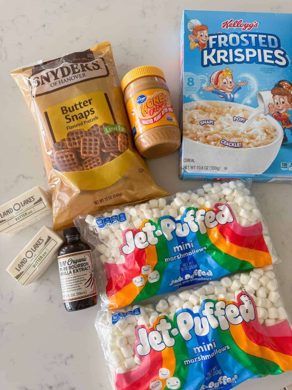 peanut butter rice krispie treats ingredients on counter