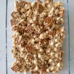 peanut butter rice krispie treats in baking dish