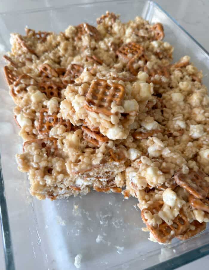 peanut butter rice krispie treats in baking dish