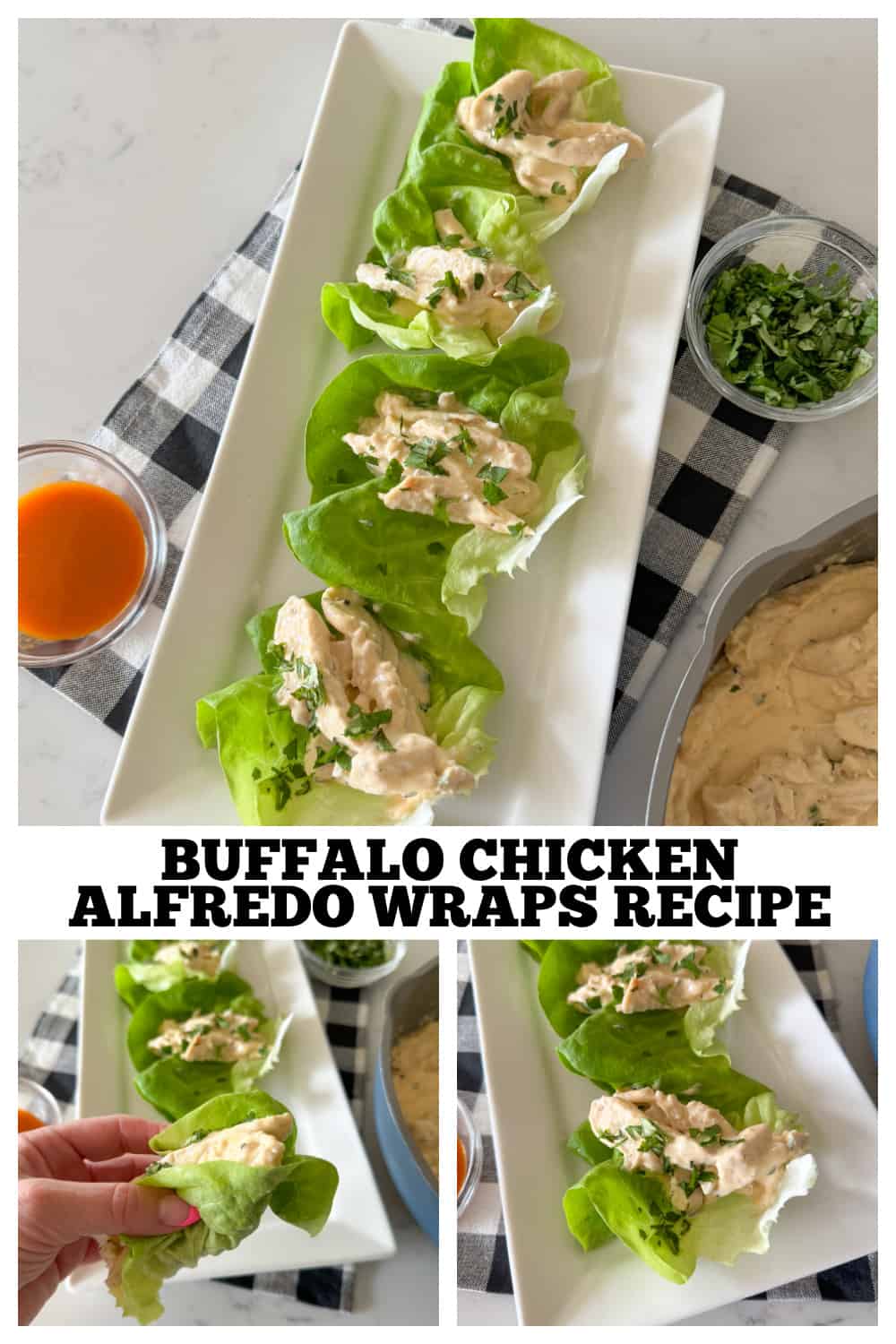 photo collage of alfredo buffalo chicken wrap