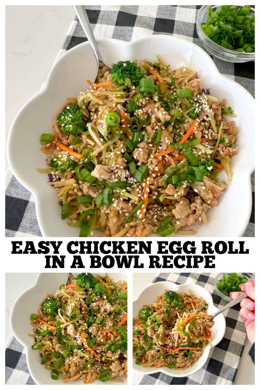 photo collage of egg roll in a bowl recipe