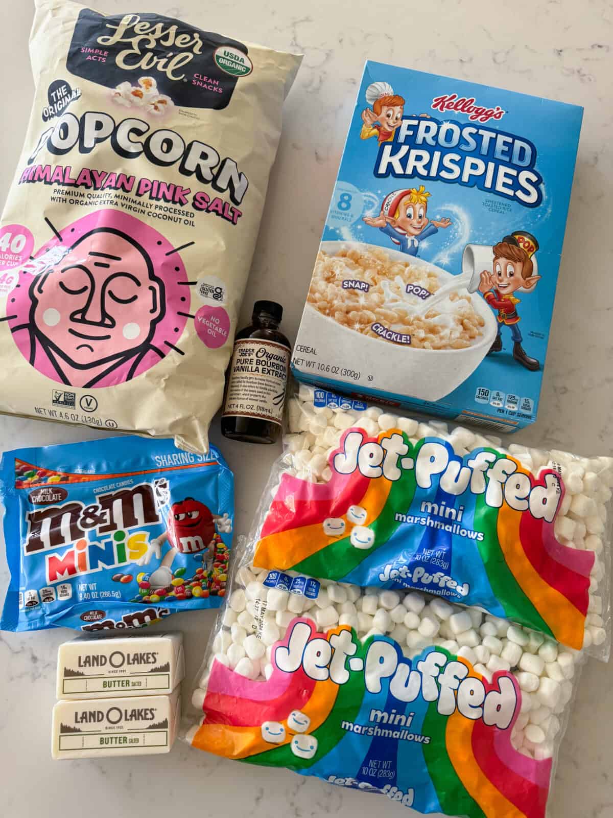 popcorn rice crispy treats ingredients on counter