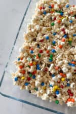 popcorn rice crispy treats in baking dish