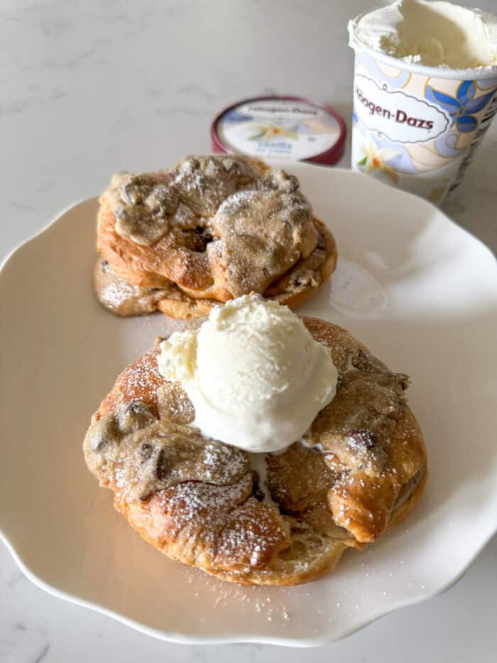 cookie croissant topped with ice cream