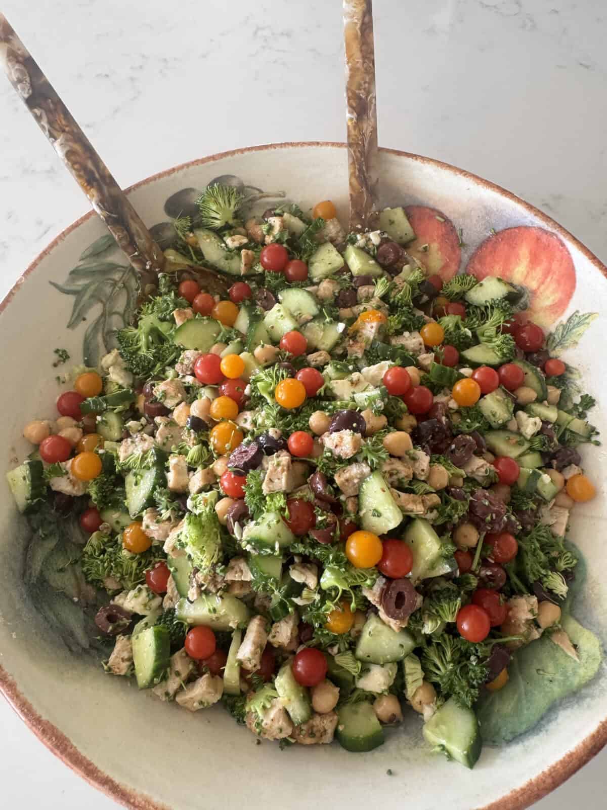 mediterranean salad tossed in large salad bowl